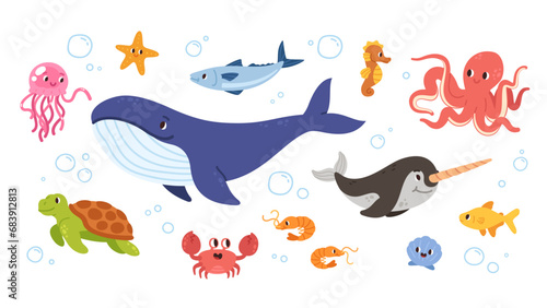 Underwater marine animals in sea set. Cute cartoon octopus  fish  starfish  turtle  crab  whale  seahorse  jellyfish  narwhal in water. Ocean life  nature wildlife characters flat vector illustration 