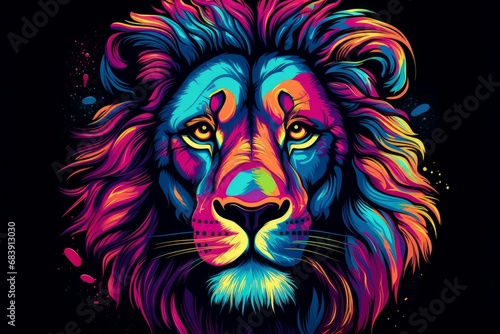 Artistic Head of lion with neon style. Wildlife predator. Generate Ai