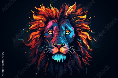 Futuristic Head of lion with neon style. Wildlife predator. Generate Ai