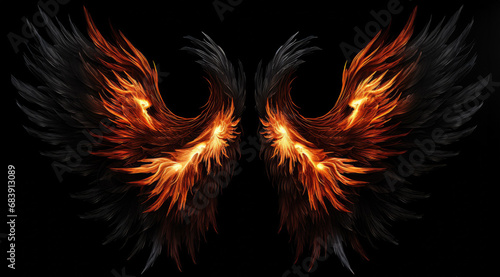 Wings of fire flames on a black background, burning, photorealistic, generative ai