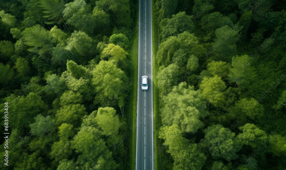 Aerial view green forest and asphalt road, Top view forest road going through forest with car adventure, Ecosystem ecology healthy environment road trip, Generative AI 