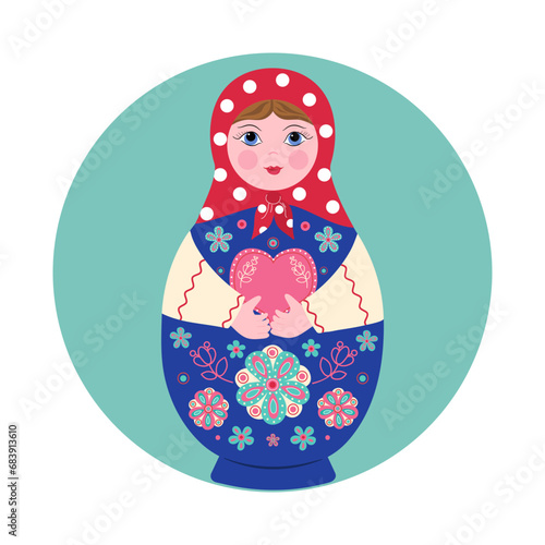 Wooden doll Matryoshka with a heart. Valentine's Day. Painted doll. Bright vector illustration on isolated background.