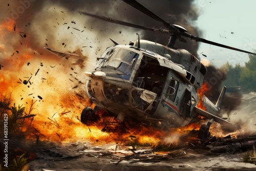 Chaotic Helicopter crash war. Transport danger. Generate Ai © juliars