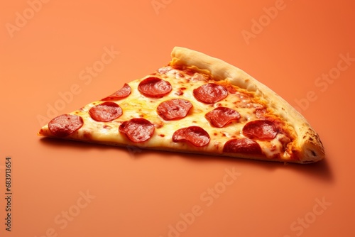 Pepperoni pizza slice on orange background. Top view