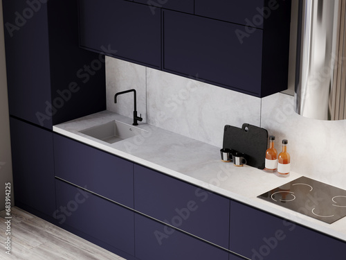 Horizontal view of the kitchen. Contrast luxury kitchen made of trend blue navy blueberry color. Modern appliances, cabinets and sink and stone countertop. Trendy room. 3d render photo