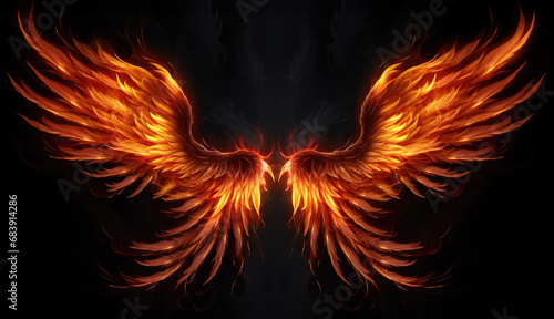 Wings of fire flames on a black background, burning, photorealistic, generative ai