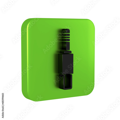 Black Audio jack icon isolated on transparent background. Audio cable for connection sound equipment. Plug wire. Musical instrument. Green square button.