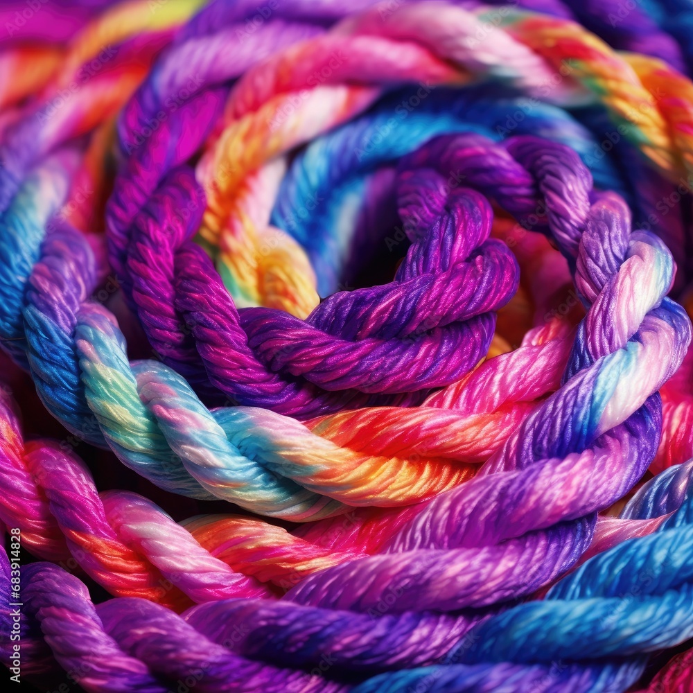 Extreme close-up colorful image of the jute rope that is wound in a spiral.