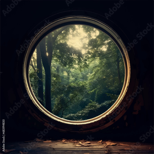 round window and forest  space behind Illustration background
