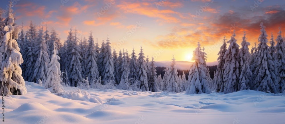 In the winter landscape, a thick blanket of snow covered the forest, creating a stunning and serene scene. The majestic fir trees stood tall, their branches adorned with frost and ice, glistening