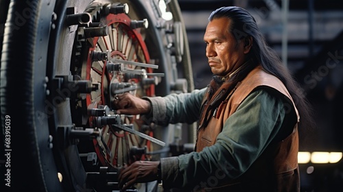Native American indigenous mechanical engineer working on Industry Manufacturing machinery Factory. Diversity, quality control, repair, safety first concept