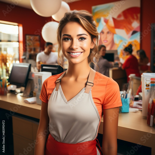 Smiling, young and attractive saleswoman, cashier serving customers generative ai