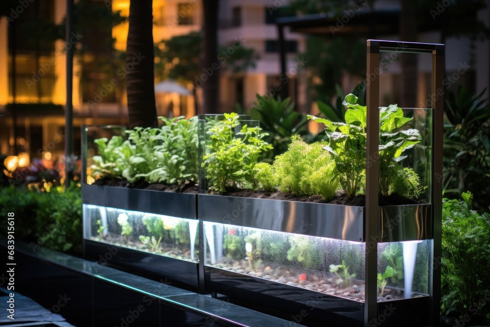 Smart urban gardens with controlled watering and lighting systems