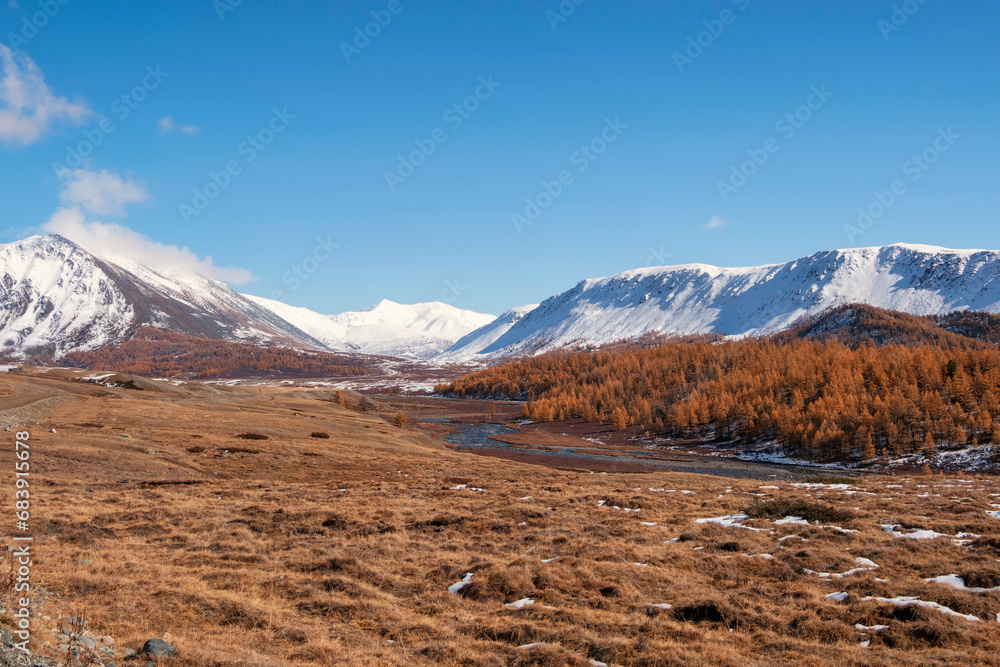 Winding river on a background of snow mountains and autumn red t