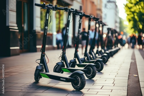 Eco-friendly urban transportation system with electric scooters and bikes photo