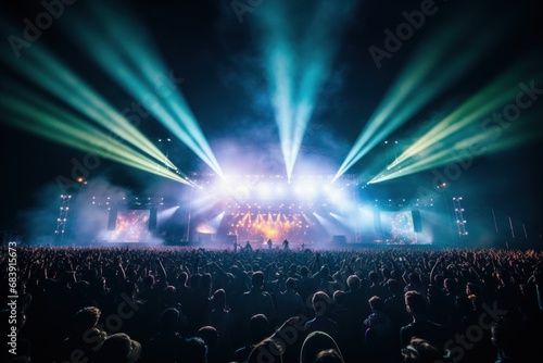 A music festival with a brightly lit stage and enthusiastic crowd