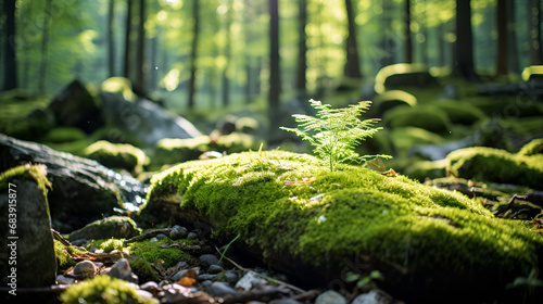 A lush green forest covered in vibrant moss, A stone covered with green moss in the forest. Wildlife landscape. Bright Green moss grown up cover the rough stones and on the floor in the forest. Produ 