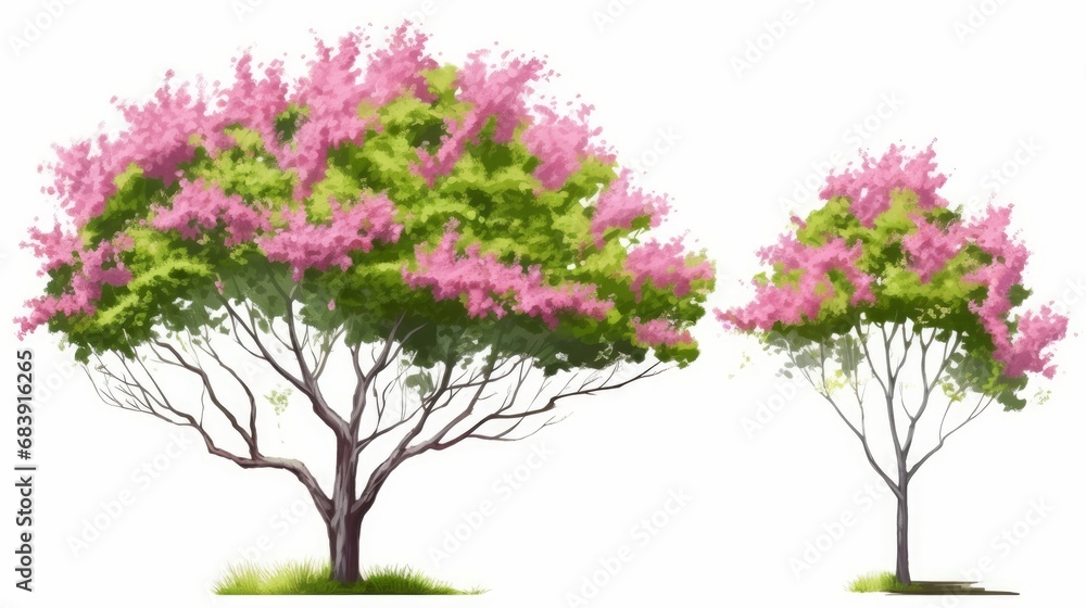 watercolor blooming flower tree side view isolated for landscape and architecture drawing, elements for environment and garden, botanical elements for section in spring, Generative AI 