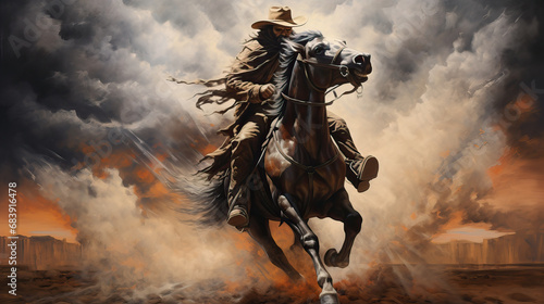 Cowboy Galloping on Black Horse. Western concept