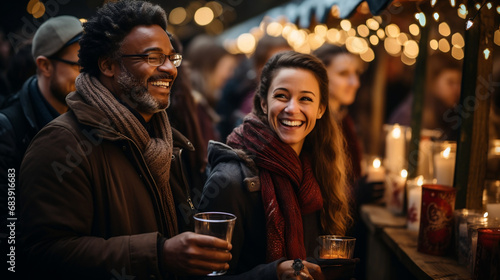 A group of people standing at a Christmas market and drinking mulled wine, Christmas party - generative ai