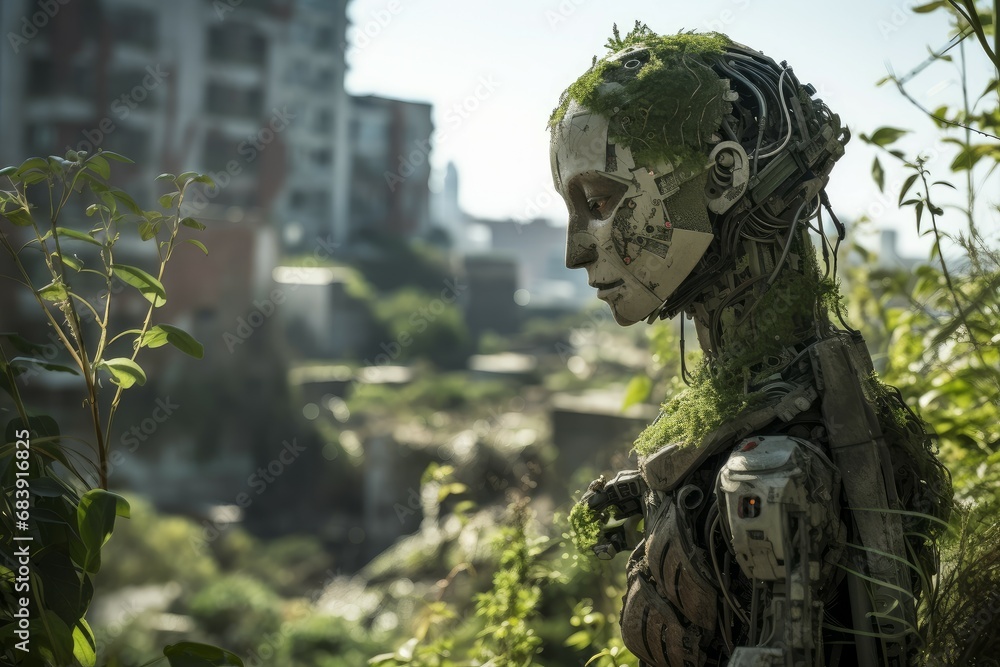 Fototapeta premium Solitary Robot in abandoned city. Urban city scenery. Generate Ai