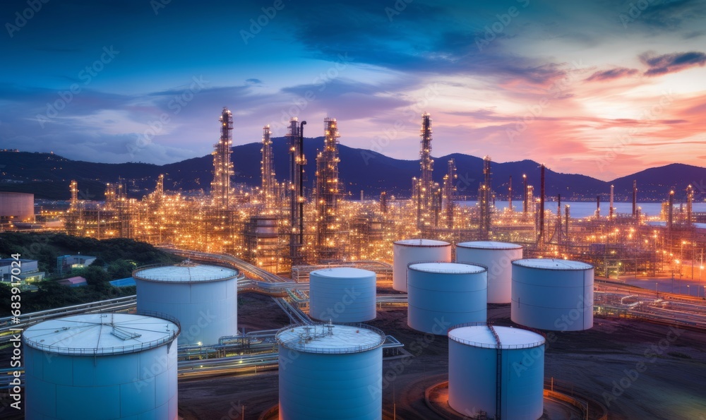 Oil​ refinery​ with oil storage tank with price graph and petrochemical​ plant industrial background at twilight, Aerial view oil and gas refinery at, Generative AI 