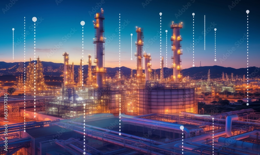 Oil​ refinery​ with oil storage tank with price graph and petrochemical​ plant industrial background at twilight, Aerial view oil and gas refinery at, Generative AI  - obrazy, fototapety, plakaty 