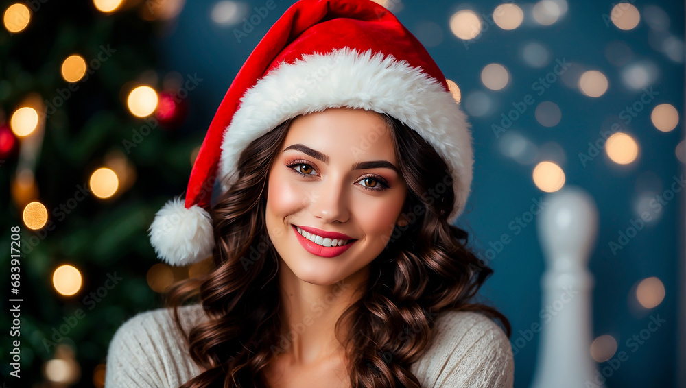 Portrait of a beautiful young European brunette girl wearing a red Santa Claus hat Portrait of a beautiful young European brunette girl wearing a red Santa Claus hat