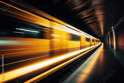 High speed train in motion on the railway in a tunnel
