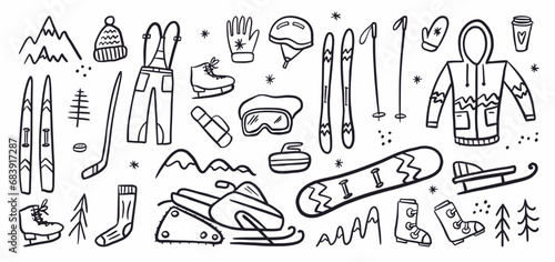 Vector collection of symbols for skiing and winter sports, hand-drawn in doodle style