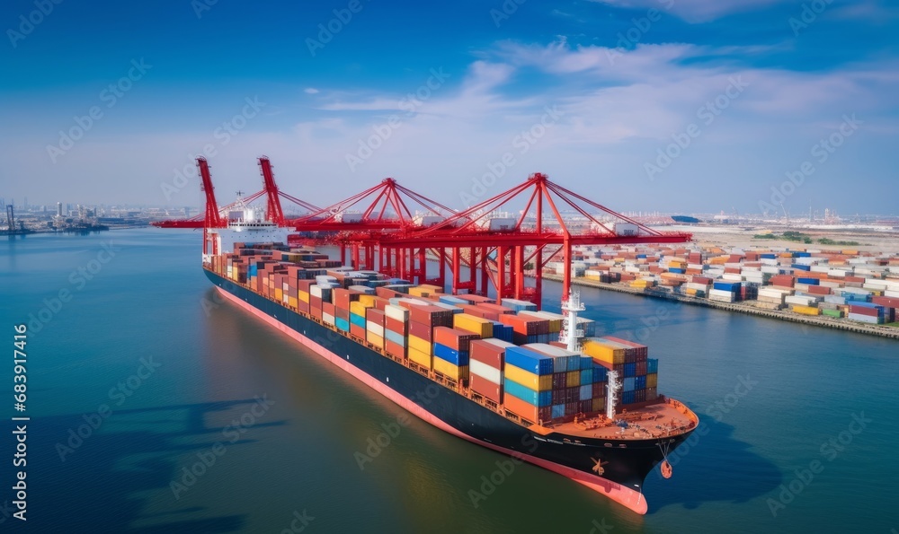 Aerial view container cargo ship in import export global business commercial trade logistic transportation of international by container cargo ship, Container cargo freight shipping, Generative AI 
