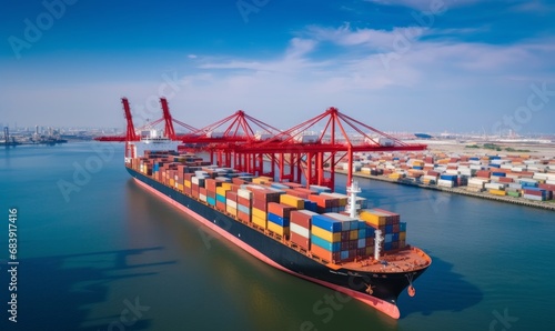 Aerial view container cargo ship in import export global business commercial trade logistic transportation of international by container cargo ship, Container cargo freight shipping, Generative AI 