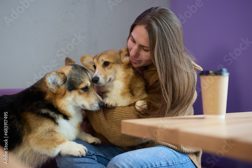 Photography Young female cuddling with two Pembroke Welsh Corgi dogs in a cafe