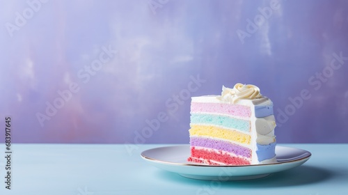Single slice of Birthday Cake on purple blue minimalist background with copy space. Homemade piece of multicolored layers cake with empty place for text. Happy Birthday or Pride month minimalistic