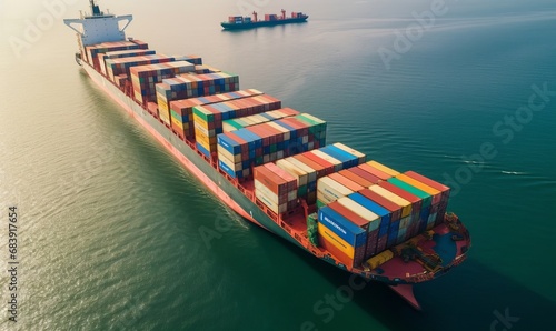 Aerial view container cargo ship, Global business industry import export commerce trade logistic and transportation international worldwide by container cargo ship boat, Freight, Generative AI 