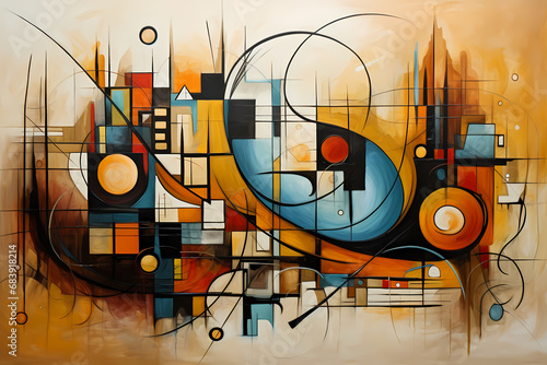 abstract art painting confusing design in the style of  cubism  expressionism   surrealism. Complex colorful shapes and lines muddled as creativity  overload  confusion concept. - generative ai
