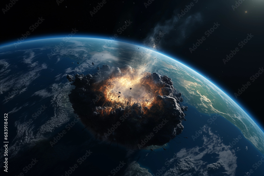 Obraz premium A luminous glowing asteroid hits the ocean surface