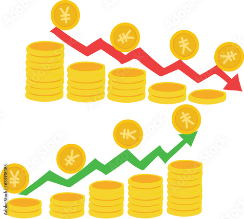 set of coins with yen euro rupee dollar sign
yen euro rupee dollar Exchange Rate Weakening And Strengthening With Red Green Graphic Arrows 

