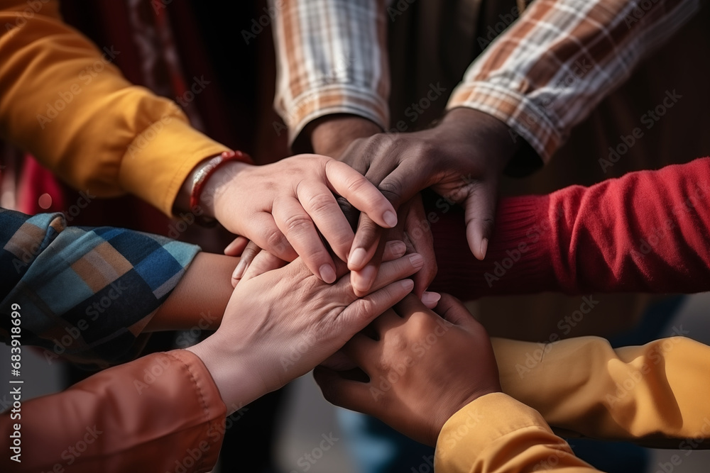 Close-ups of hands of different ages and ethnicities holding each other in solidarity, representing unity and peace, with copy space Close-ups of hands of different ages and ethnicities holding each other in solidarity, representing unity and peace, with copy space