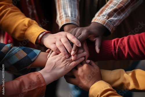 Close-ups of hands of different ages and ethnicities holding each other in solidarity, representing unity and peace, with copy space