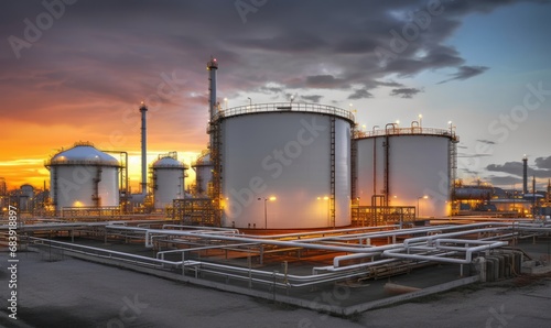 Petrochemical storage tank with oil refinery background, Oil refinery plant at night, Oil and gas industry refinery, Petrochemical plant at twilight, Generative AI 