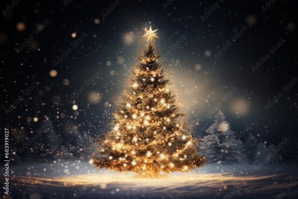 Elegant Christmas Tree with Golden Lights and Snowflakes Falling