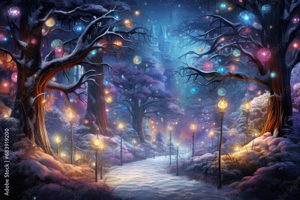 Fantasy Forest with Snow-Covered Trees and Colorful Christmas Lights