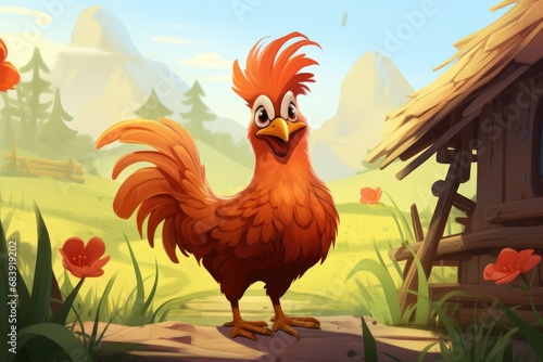 Cute Cartoon Storybook Rooster Illustration on a Farm