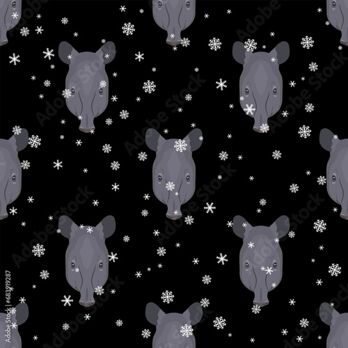 Seamless seasonal winter animal pattern with tapir heads and snowflakes. On black background.