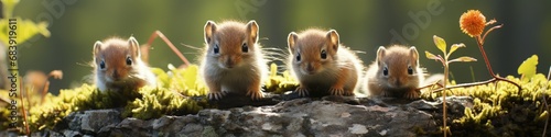 Curious Squirrels or Chipmunks Exploring Mossy Log in Forest © DigitalMuse