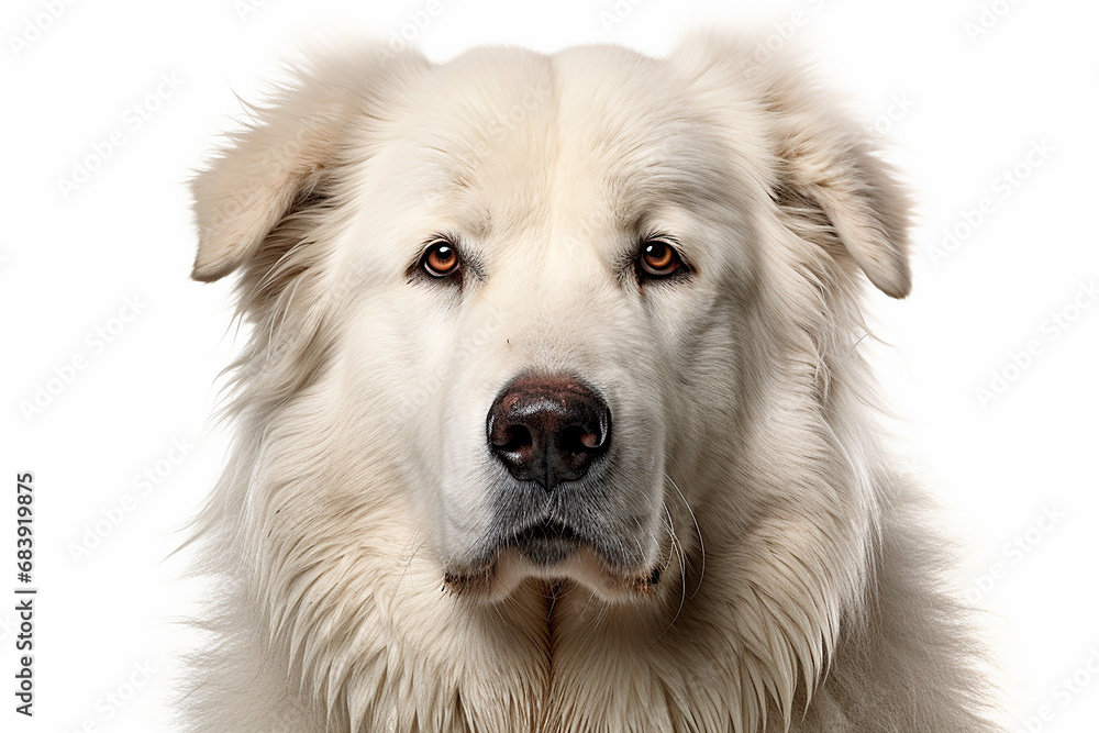 Pyrenean Mountain Dog close-up portrait on a white background. Pyrenean Mountain Dog close-up portrait on a white background.
