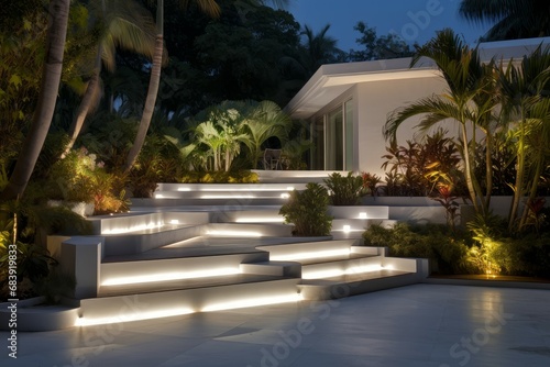 Luminous Illuminated staircase backyard terrace. Nature house. Generate Ai © juliars