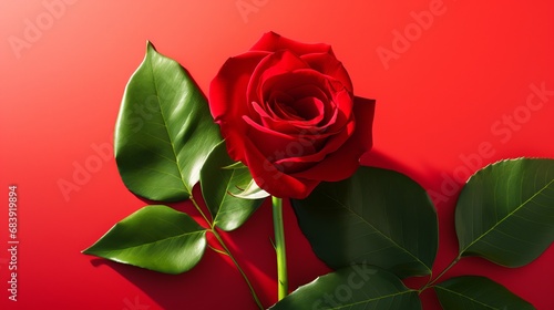 Isolated Red Rose Petal: Valentines Day Nature Illustration, Resting on Green Leaf in Minimal Style