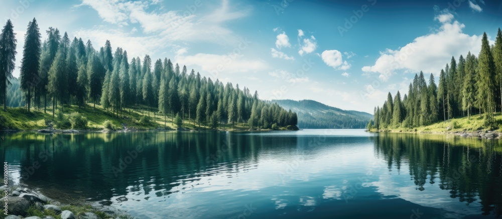 The majestic forest trees cast a stunning reflection in the calm lake, creating a scenic view that captures the beauty of nature's harmonious blend of wood, tree, river, and reflection.